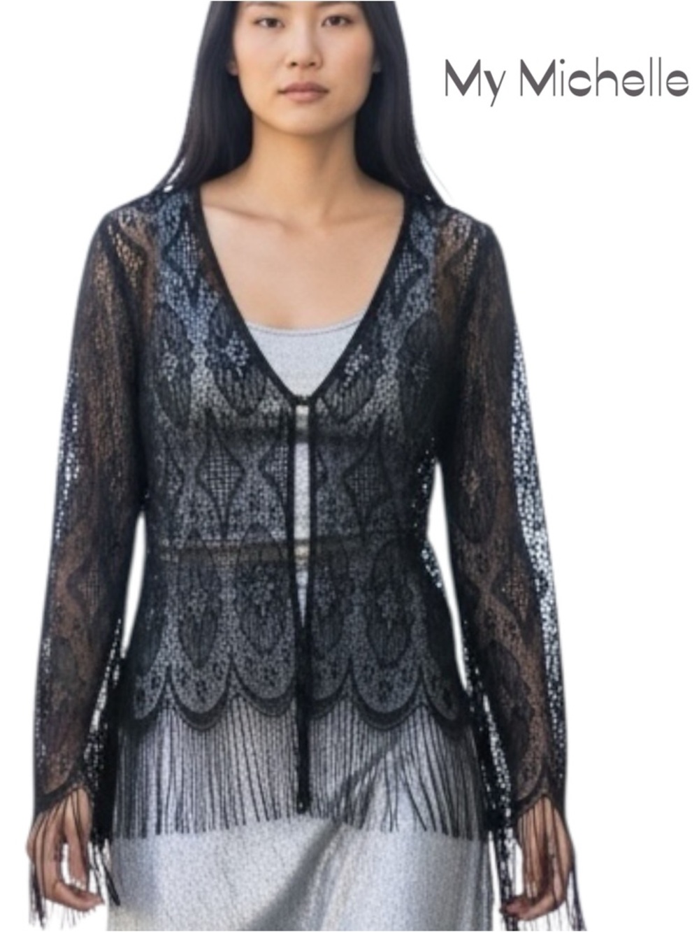 My Michelle Sheer Black Crochet Fringe Cardigan NWOT Size L